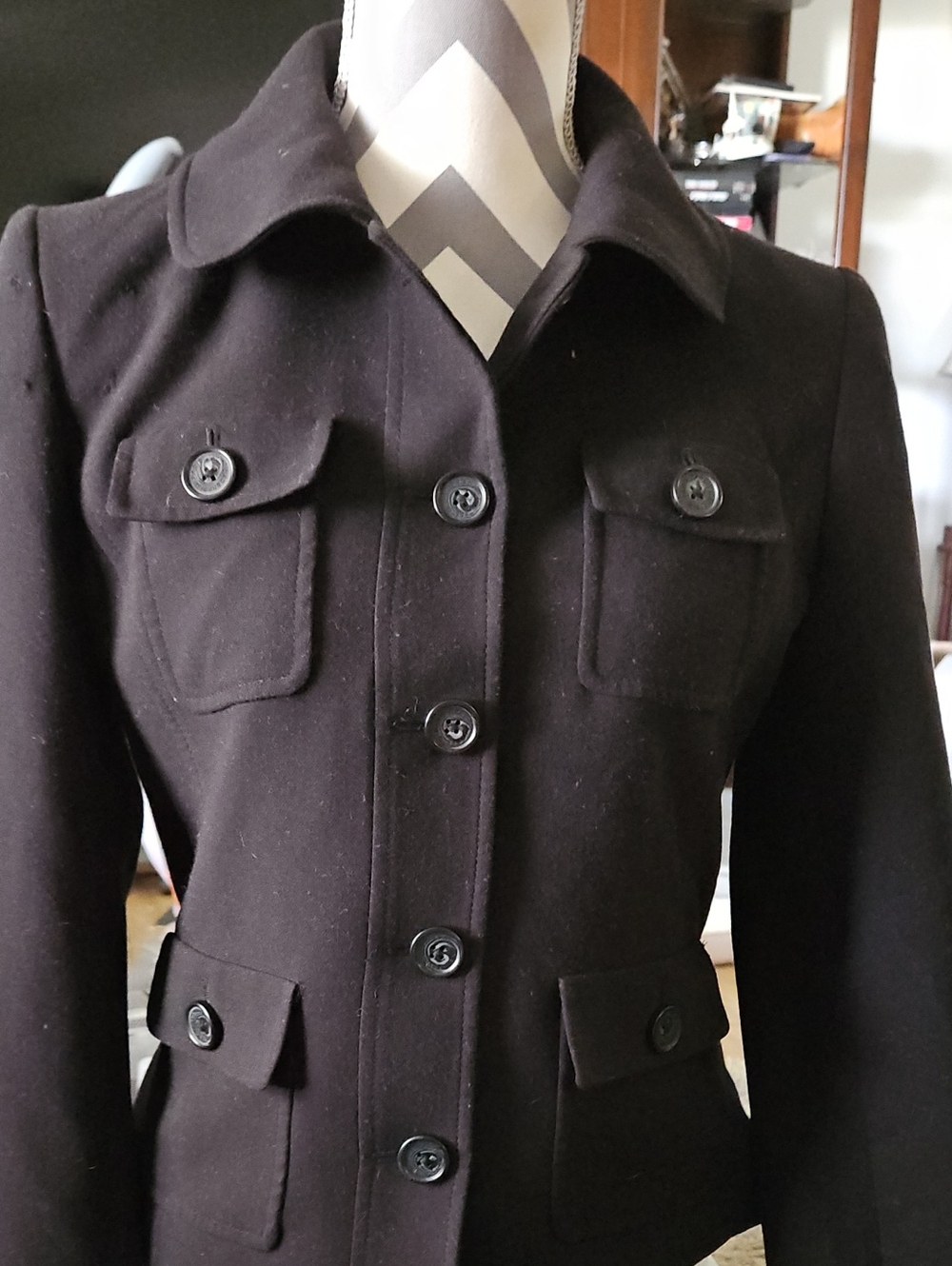 Karl Lagerfeld Black Wool-Blend Button Front Pea Coat Size6 V45